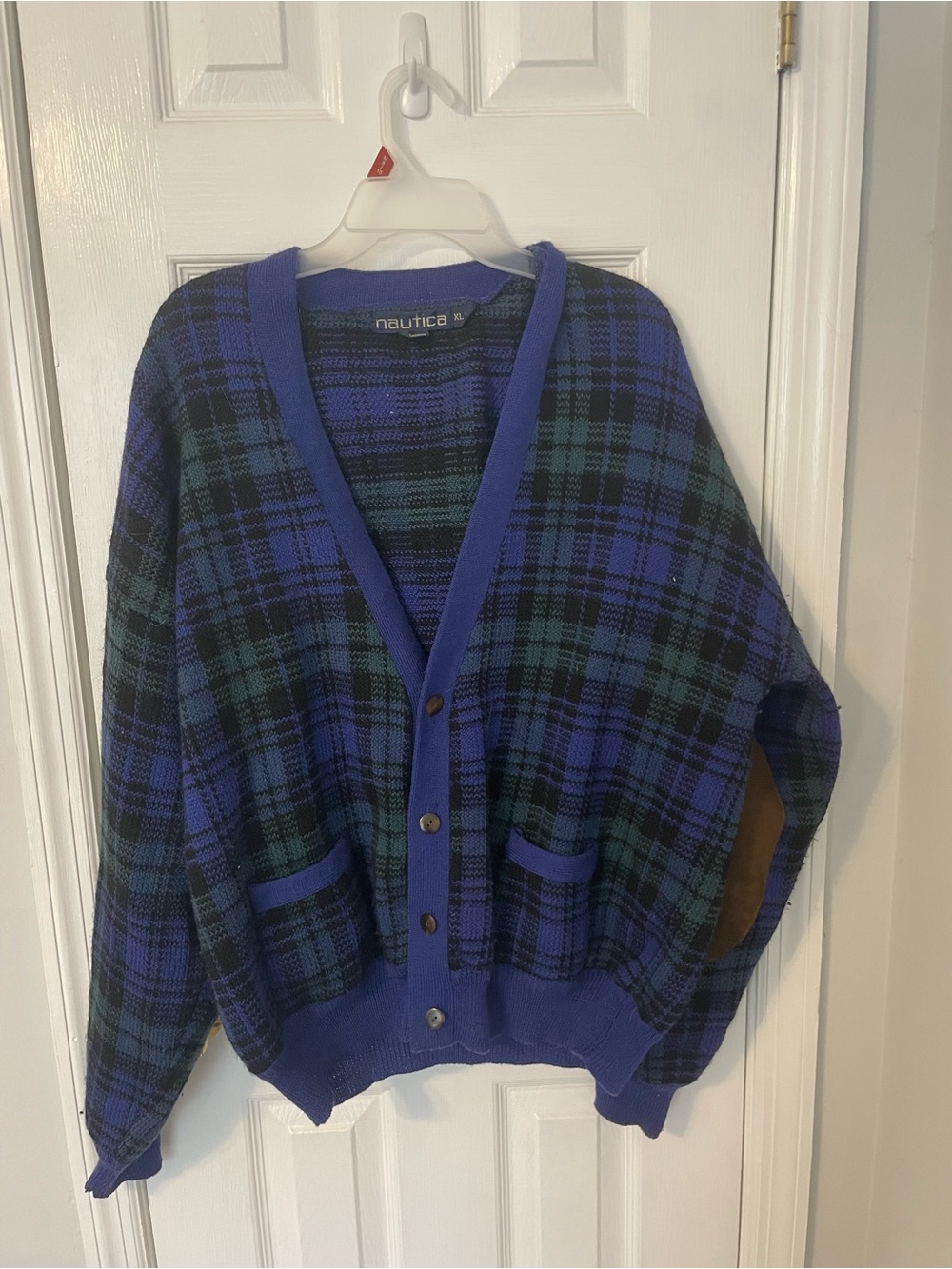 Mens Blue Vintage Nautica 100% Wool Cardigan Sweater Faux Leather Elbow Patches